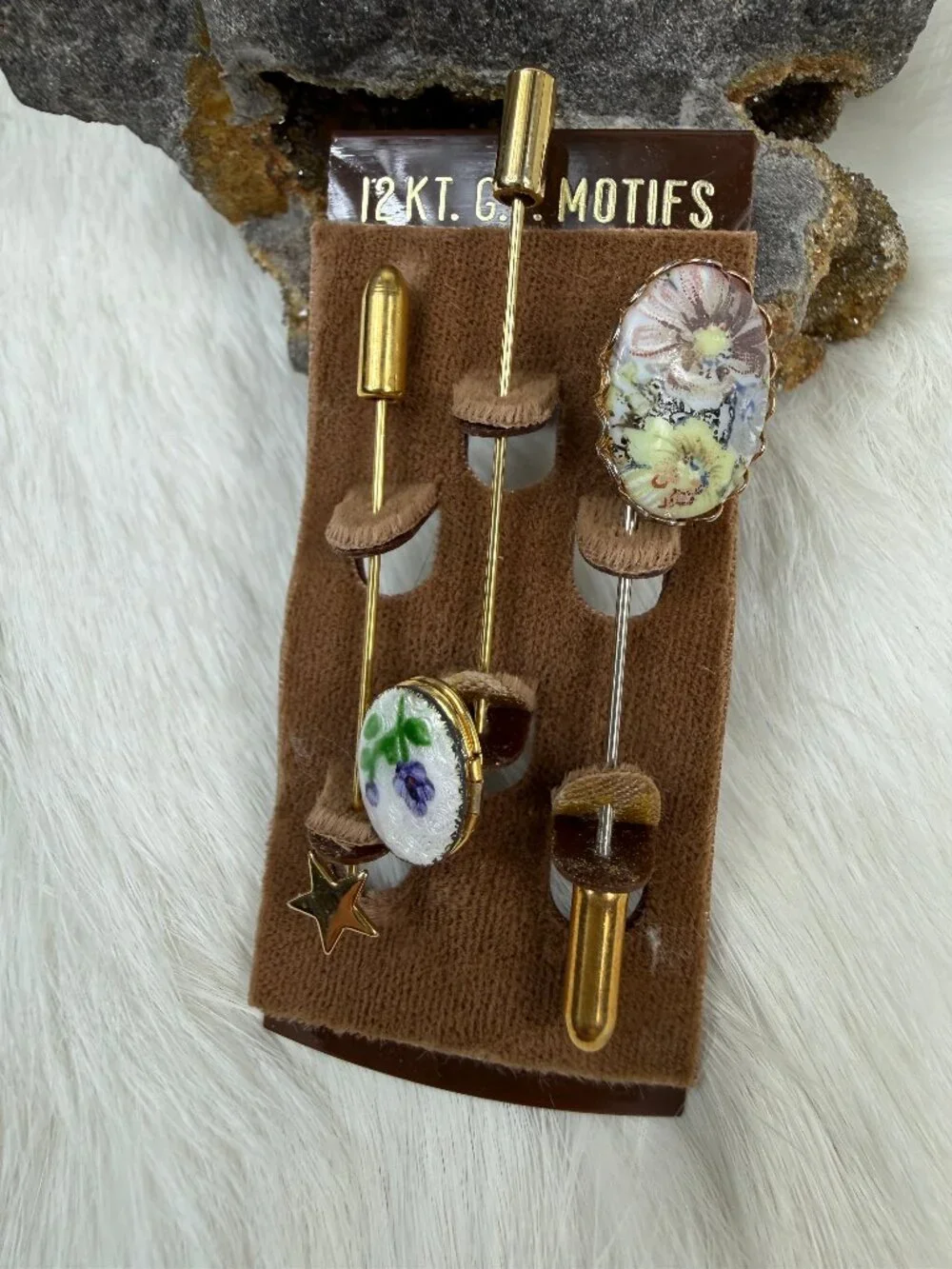Set of 3 Gold Filled Stick Pins Porcelain, Locket, Star Vintage